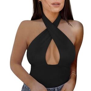 ReoRia Black Crisscross Keyhole Halter Bodysuit